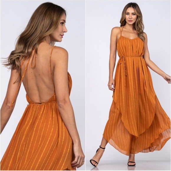 Caramel layered open back women’s dress - Picture 2 of 6